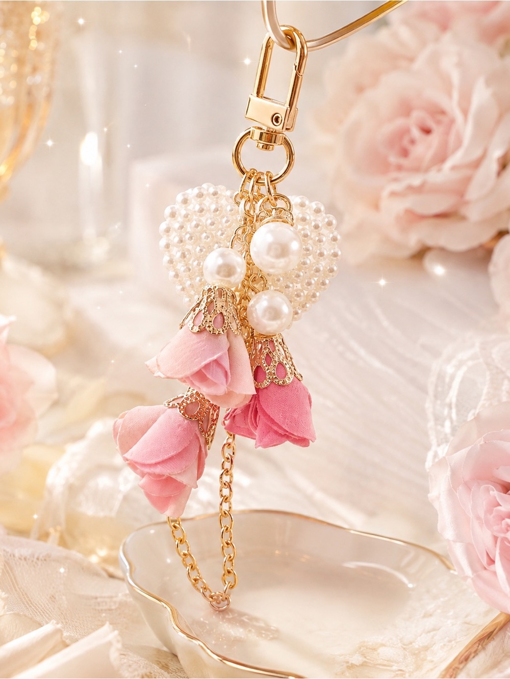 Handmade Beautiful Pearl Heart & Pink Rose Charms Keychain - Accessories,